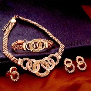 18K Plated Rose Gold Jewelry Set Necklace, Bracelet, Earrings and Ring